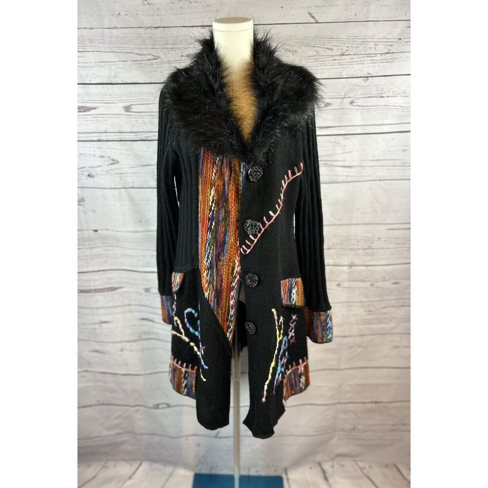 Sioni Multi Knit Cardigan Sweater Women L Patchwork Faux Fur Collar Boho